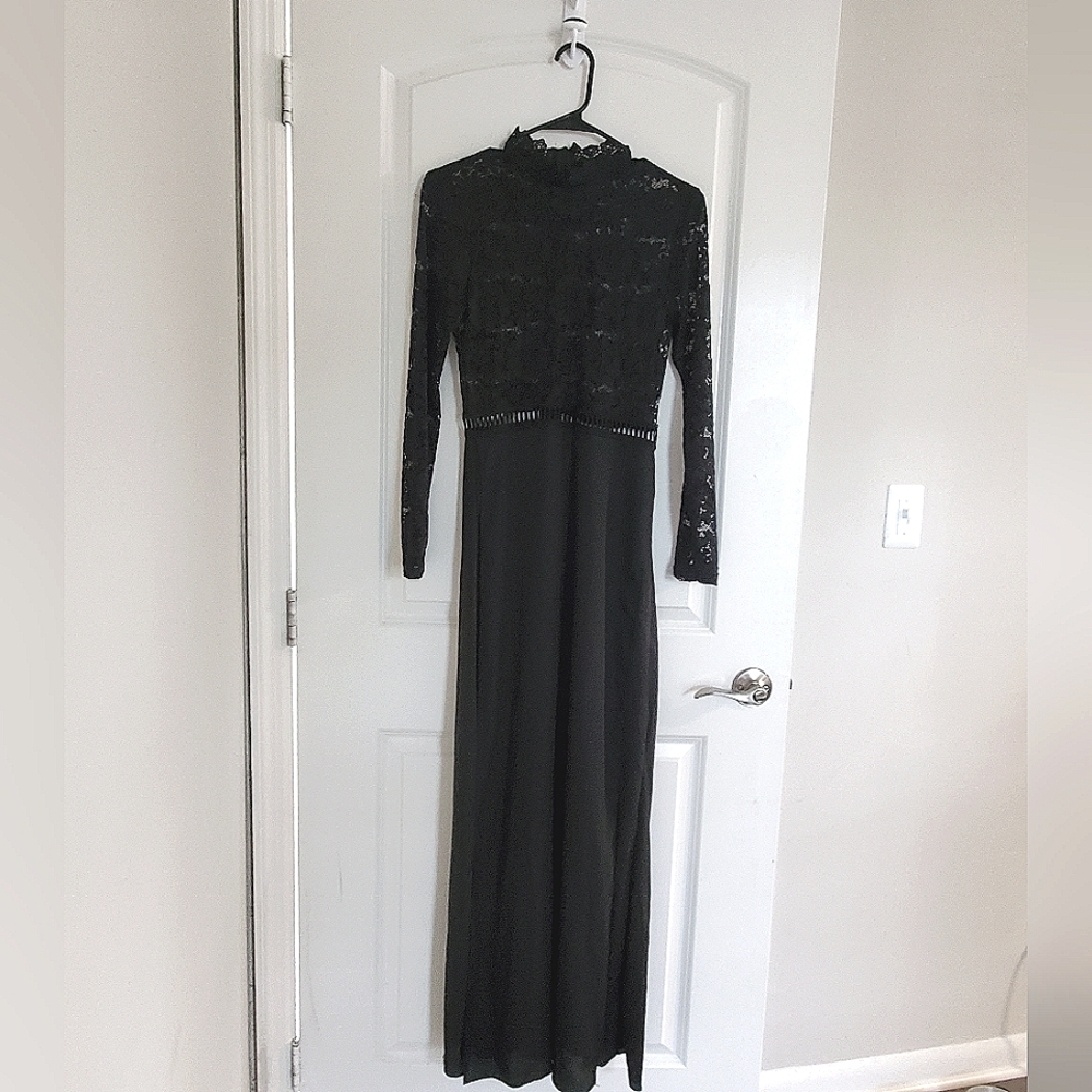 Black long sleeve long dress with see through lace top